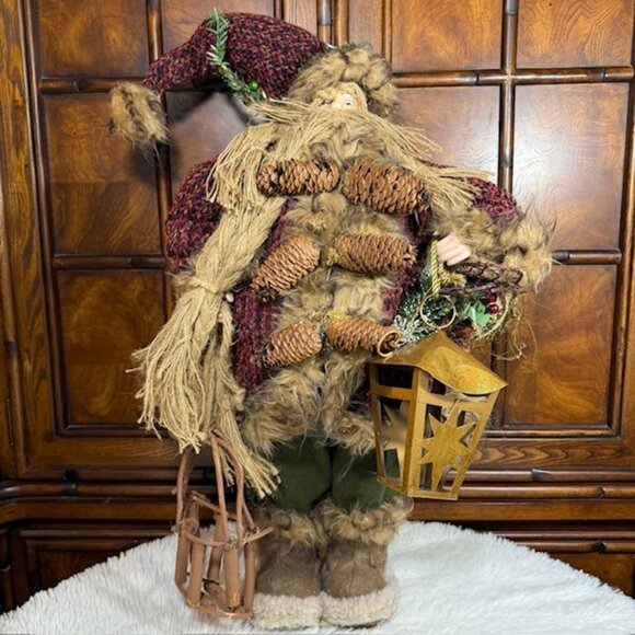 Vintage 25" Olde World Faux Fur Burgundy Tweed Braided Beard Metal Lantern Santa - Picture 3 of 12